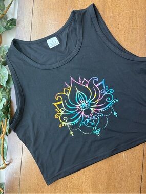 Black Lotus Mandala Crop Tank Womens Rainbow Yoga Top Boho Spiritual Graphic